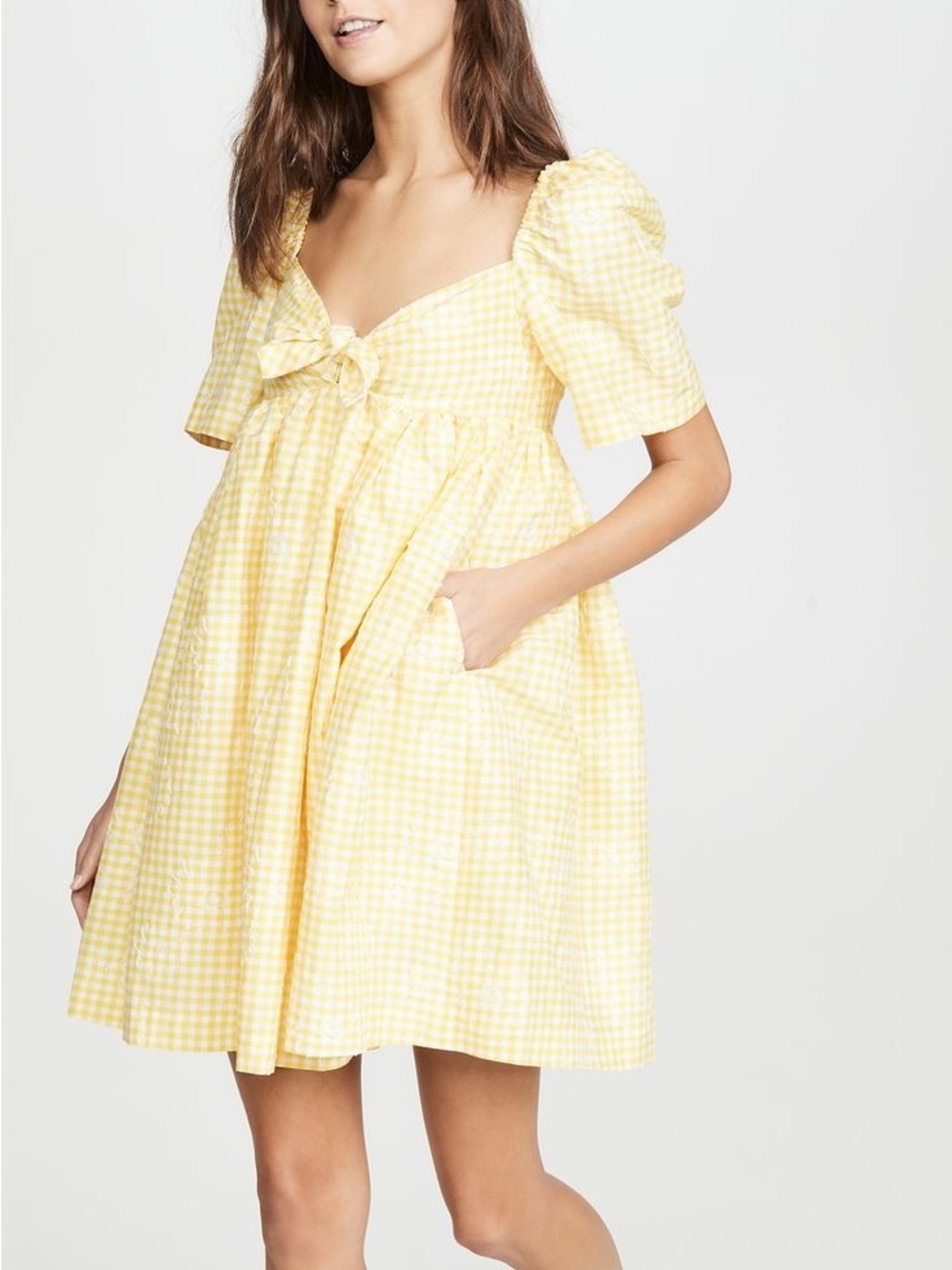Pushbutton Yellow Gingham Tie-Front Puff Sleeve Babydoll Dress